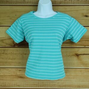 Miranda Knit Top Cropped Womens Size S Light Blue White Stripes Short Sleeve‎